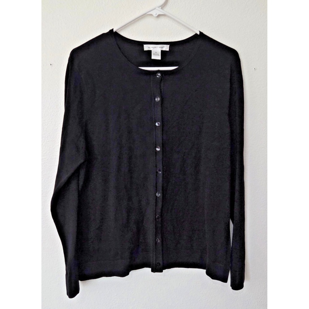 August Silk Black Silk Blend Cardigan Sweater Button Front Fine Knit Classic XL
